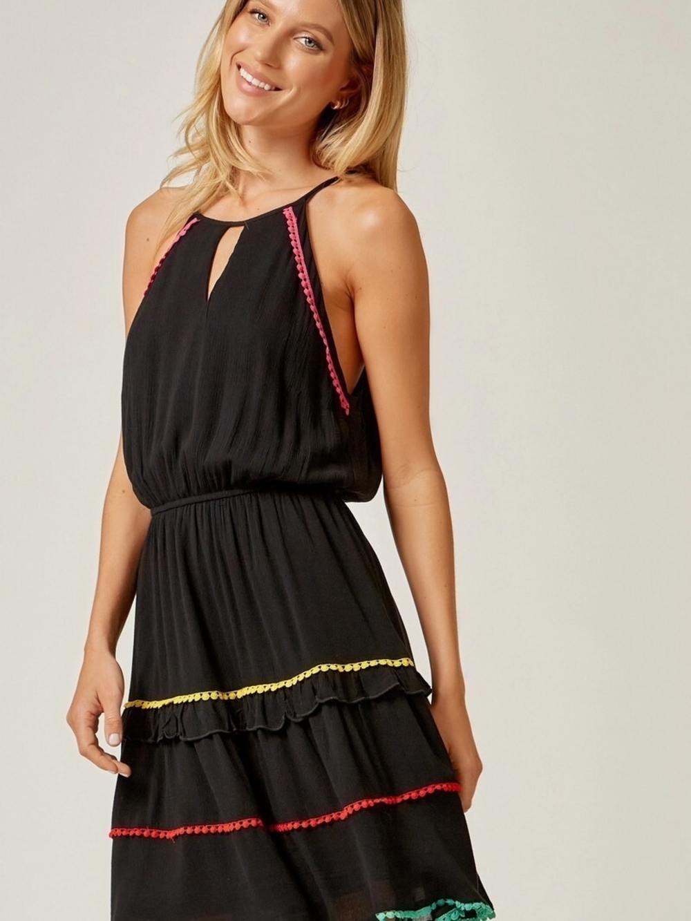 Black Tiered Halter Dress with Color Trim